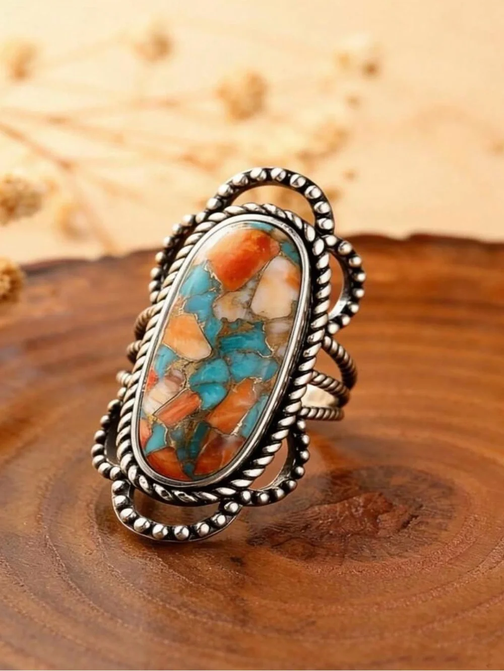 Western Boho Turquoise and Coral Oval Statement Ring - Women's Fashion Jewelry